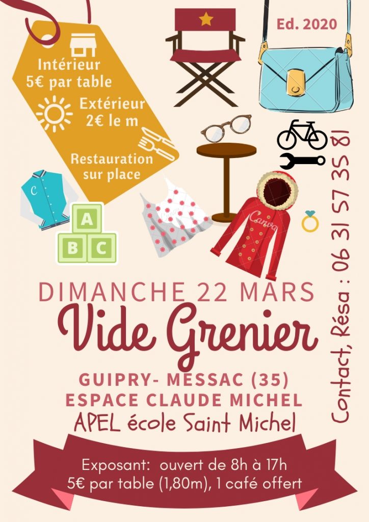 Affiche Vide Grenier à l'espace CLaude Michel Guipry Messac le 22 mars 2020